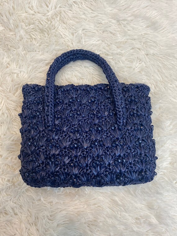 1960’s Raffia & Bead Purse / 60s Purse Navy Blue - image 2