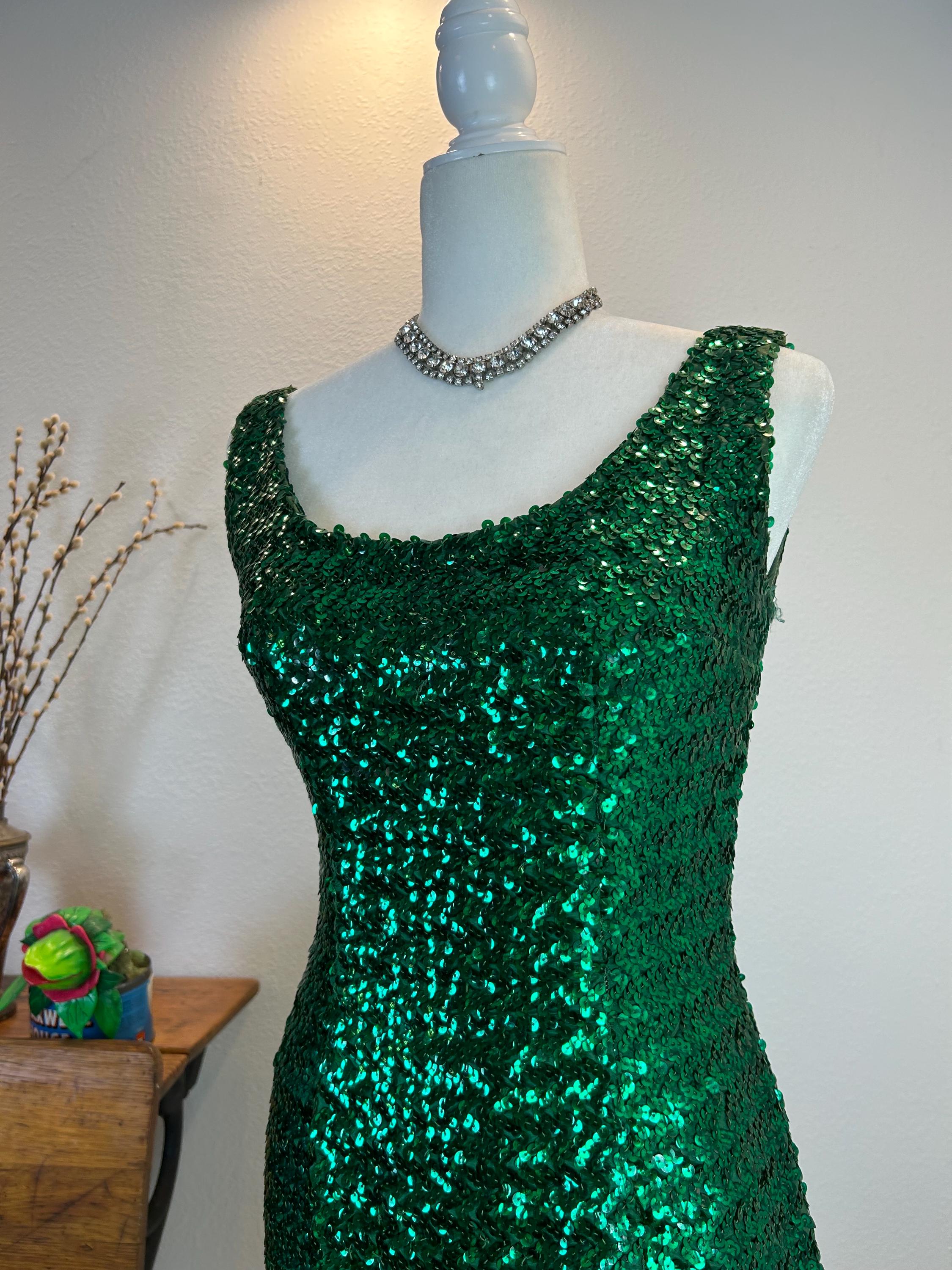 1960s Green Sequin Wiggle Dress, Vintage Party Style Gene Shelly Style