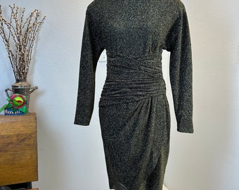 Vestido vintage de lúrex Morton Myles, vestido de fiesta negro y dorado de los años 80