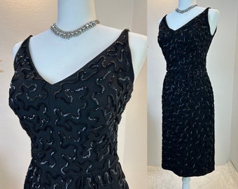 1950s Sequin  Dress / 50s Sequin dress / 1950s cocktail dress / sequin dress / 1950s dress / 50s dress / vintage black sequin dress