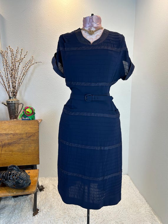 Vintage 1940s Navy Blue Rayon Dress