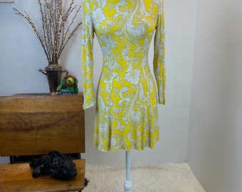 Vintage 60s Psychedelic Mini Dress, Yellow Paisley Micro-Mini