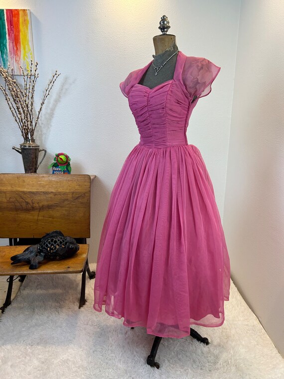 1950s Emma Domb Fushia Party Dress, Ruched Bodice… - image 8
