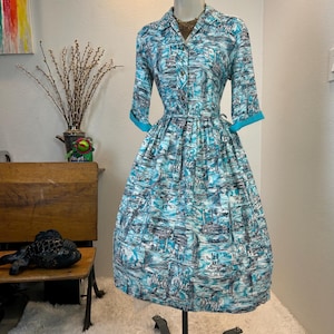 1950s dress / 50s dress / 1950s novelty print dress / 1950s shirtdress / 25 inch waist XS