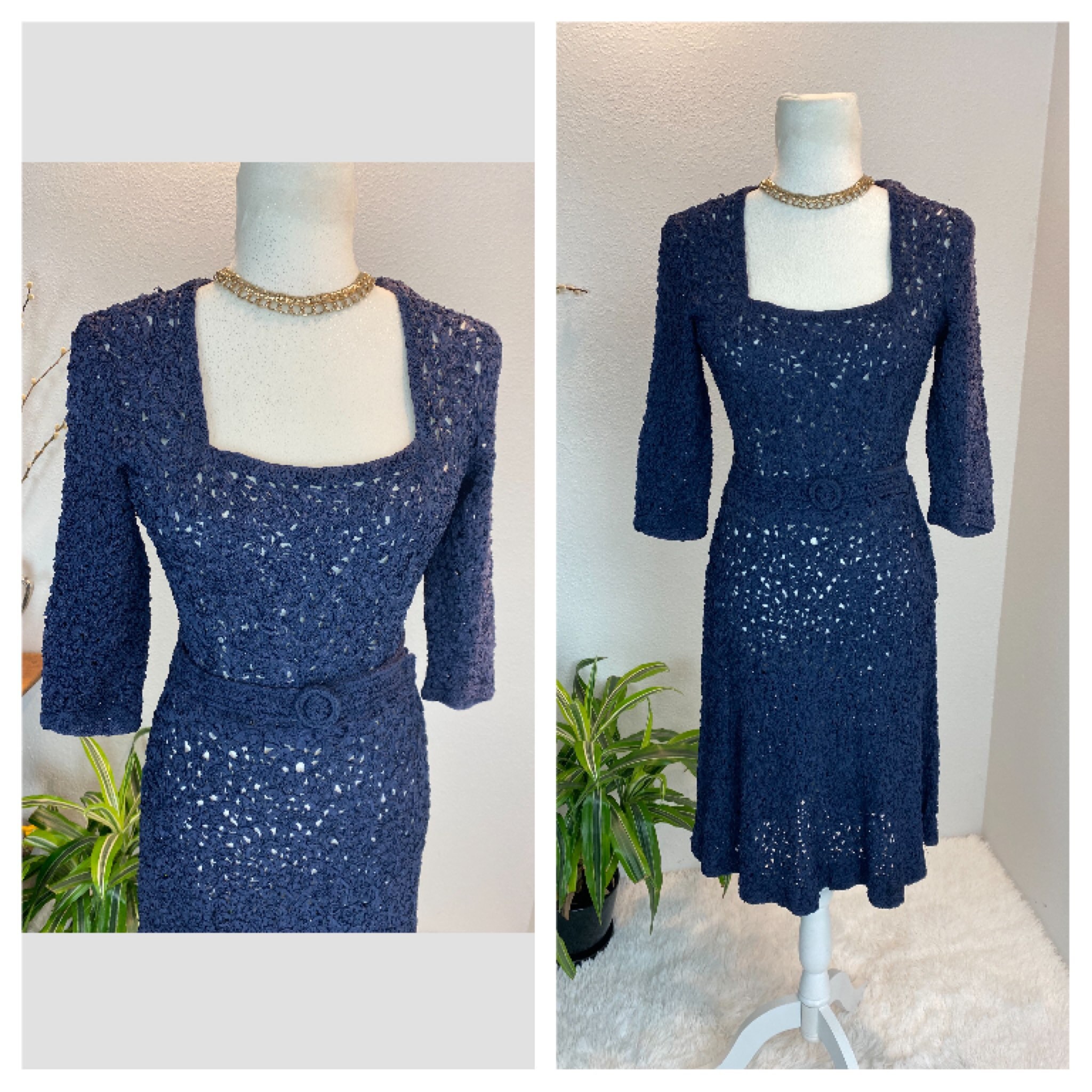1940s Knit Ribbon Dress With Belt, Vintage Stretchy Crochet - Etsy