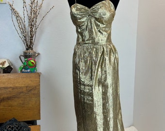 Vintage 1980s Gold Lamé Dress - Spaghetti Strap Party Dress