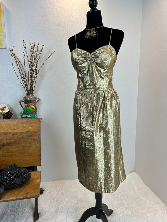 gold lame party dress Ramble On Metallic Gold Midi Dress