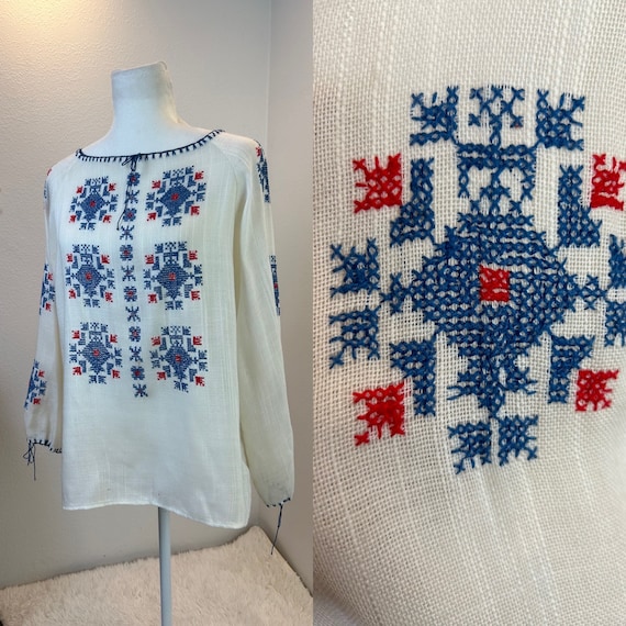 Vintage Embroidered Hungarian Blouse, Folk Floral… - image 2