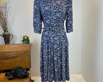 Vintage 80s Blue Floral Dress with Belt, Size 8P