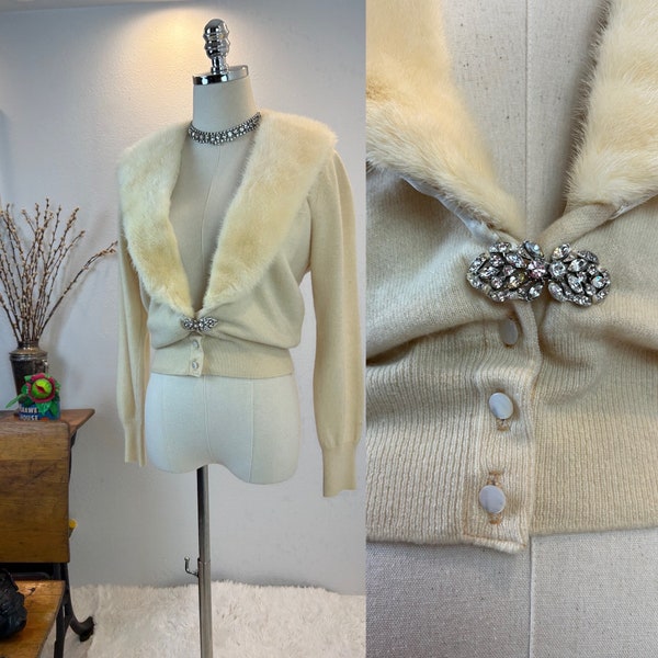 1950s  cashmere cardigan with fur / 1960s cashmere fur Cardigan / cream  cardigan / vintage cardigan