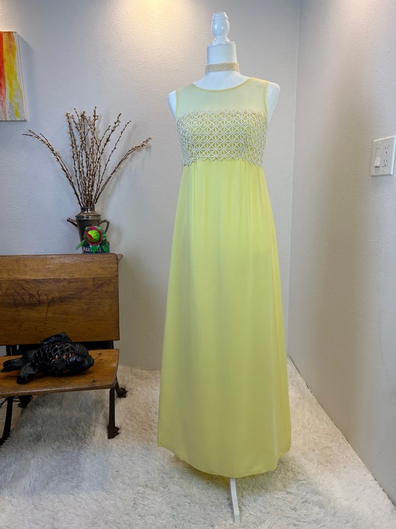 Vintage 1970s Lemon Chiffon Maxi Gown with Lace Bodice