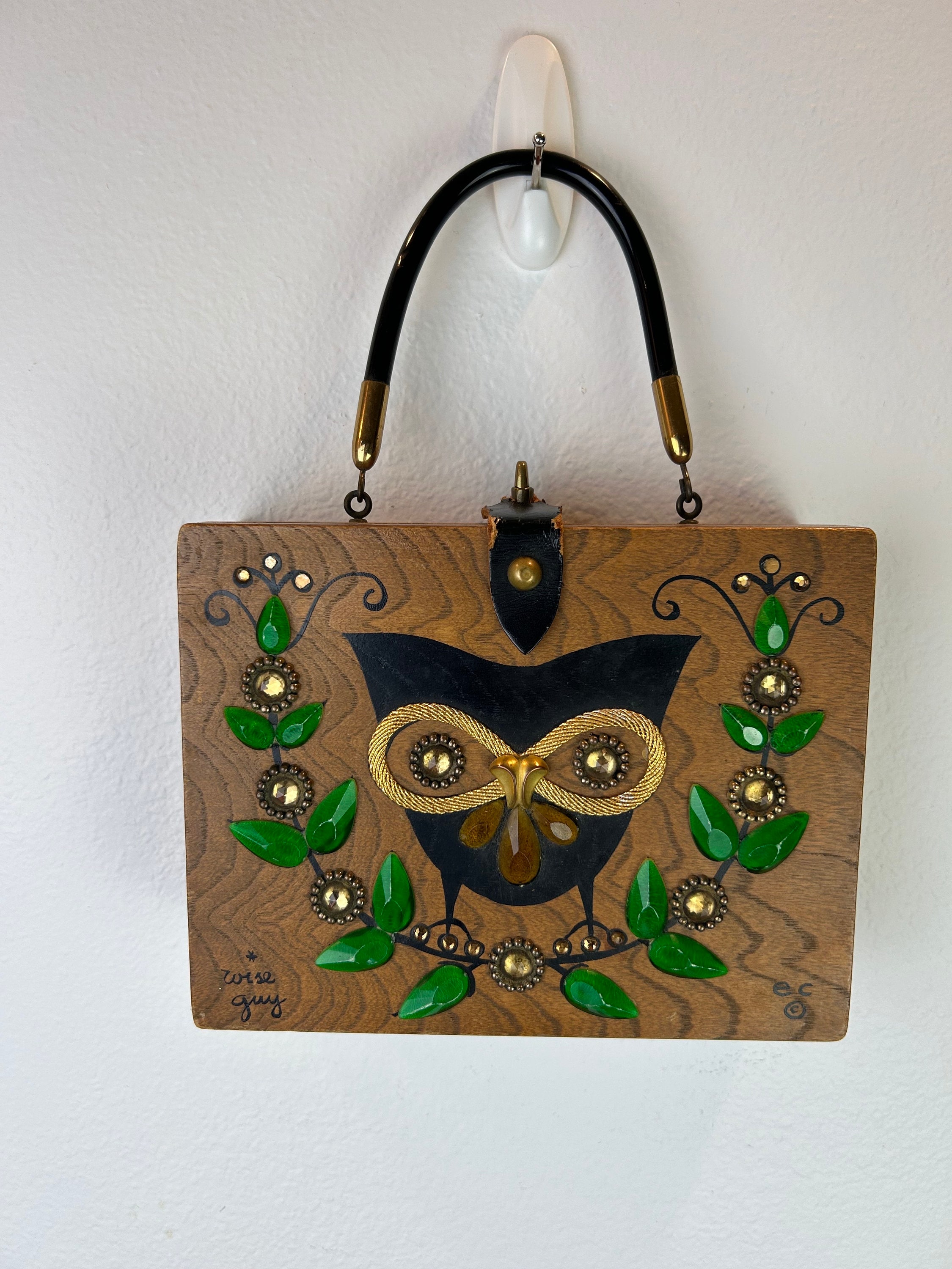 Vintage Enid Collins "Wise Guy" Owl Wood Box Purse