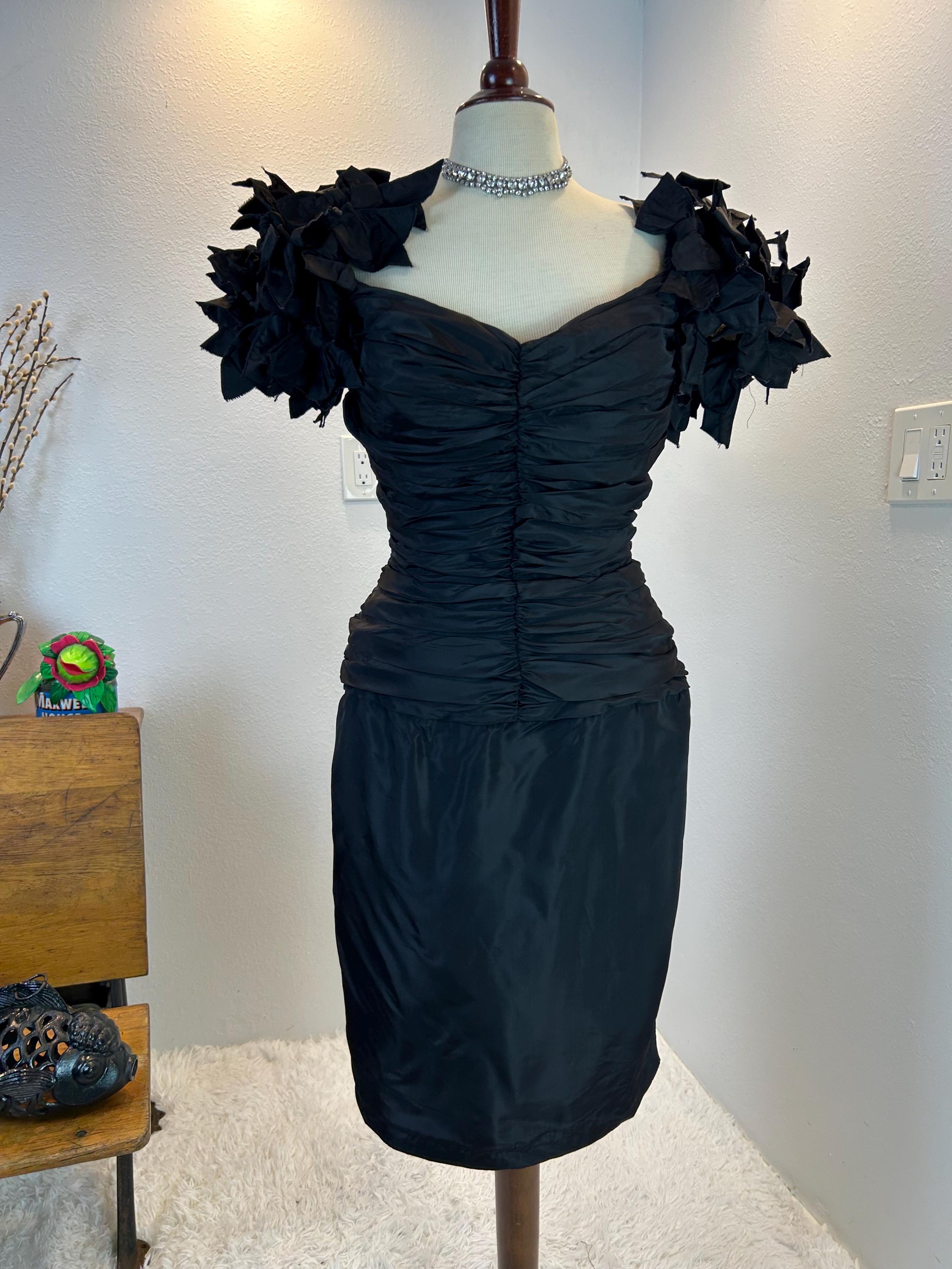 1980s black dress Vintage 80s Cocktail Dress: Puff Sleeves, Ruched Bodice Womens Blue London Times Ceremony Size:XS_10-12 Feels Polyester and Spandex.