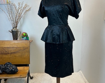 Vintage 1980s Black Burnout Velvet Peplum Dress, Backless