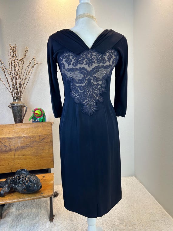 lace wiggle dress 1950s Navy Wiggle Dress with Lace Bodice