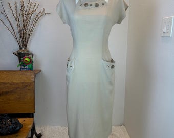 1940s Linen Dress with Studs, 26 inch Waist