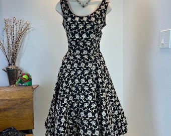 1950s Black Embroidered Cocktail Dress – Rhinestone Bodice, Fit & Flare