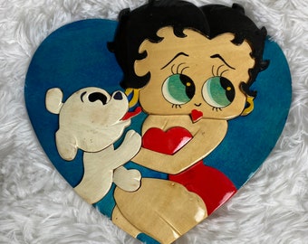 Vintage Betty Boop Intarsia Wood Art- Large Blue Heart and Pup