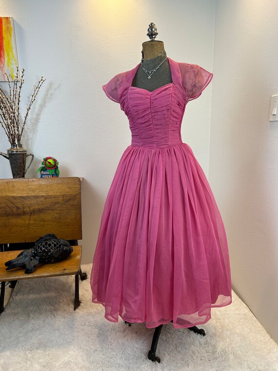 1950s Emma Domb Fushia Party Dress, Ruched Bodice… - image 3
