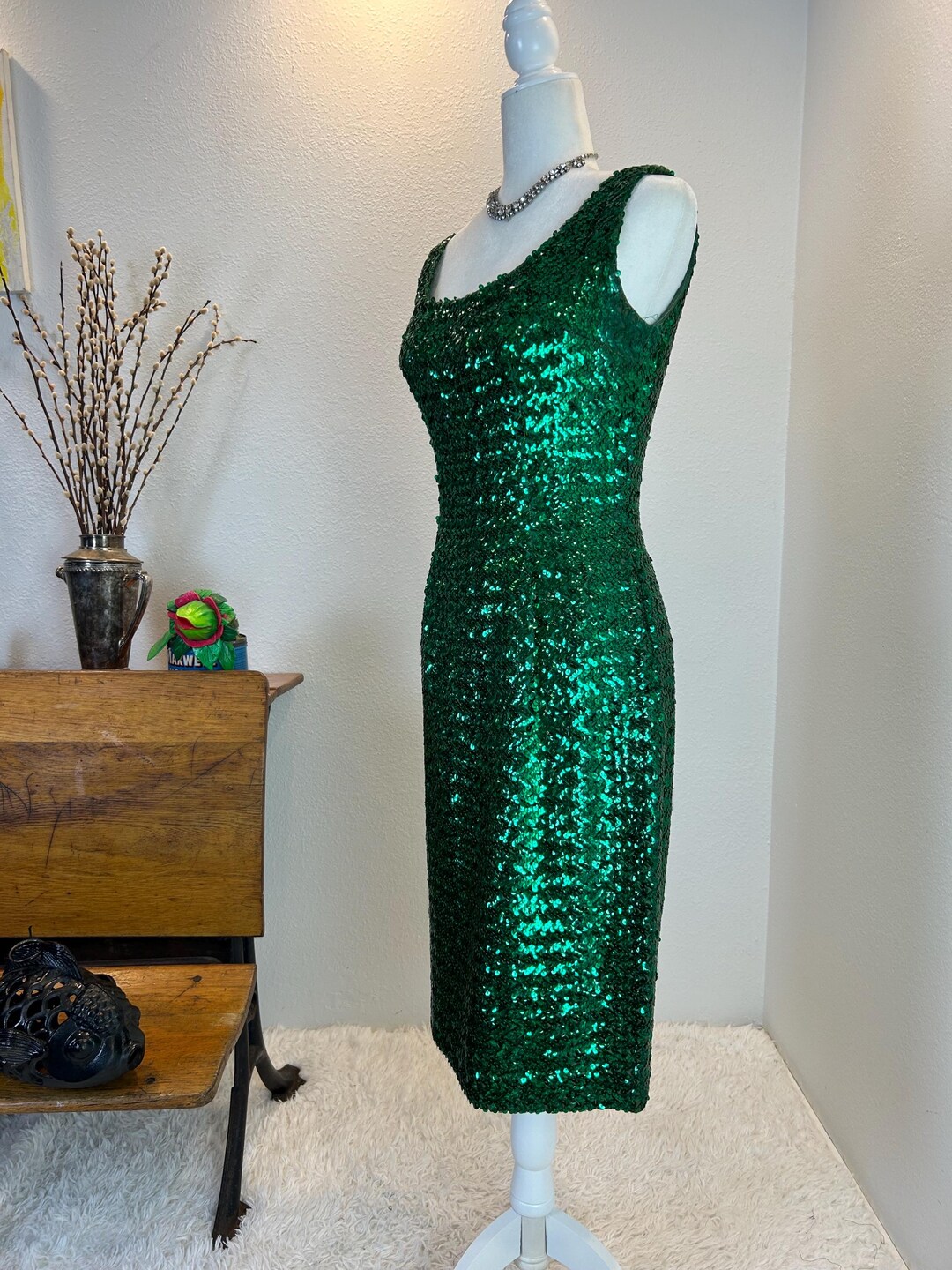 1960s Green Sequin Wiggle Dress, Vintage Party Style Gene Shelly Style