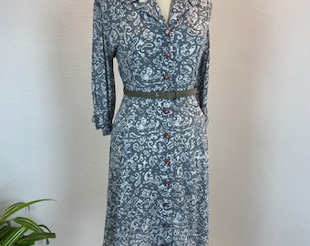 1940s Rayon Dress, Grey Paisley Print, Button Front (Bust 44")