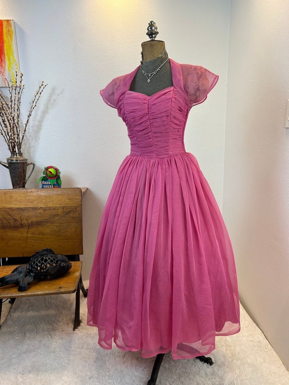 1950s Emma Domb Fushia Party Dress, Ruched Bodice… - image 1
