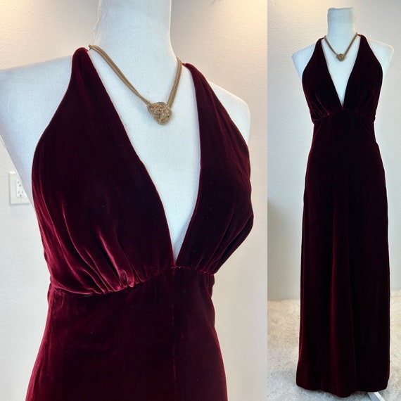 1970s Velvet Wine Dress / 70s velvet maxi/ 1970s … - image 1