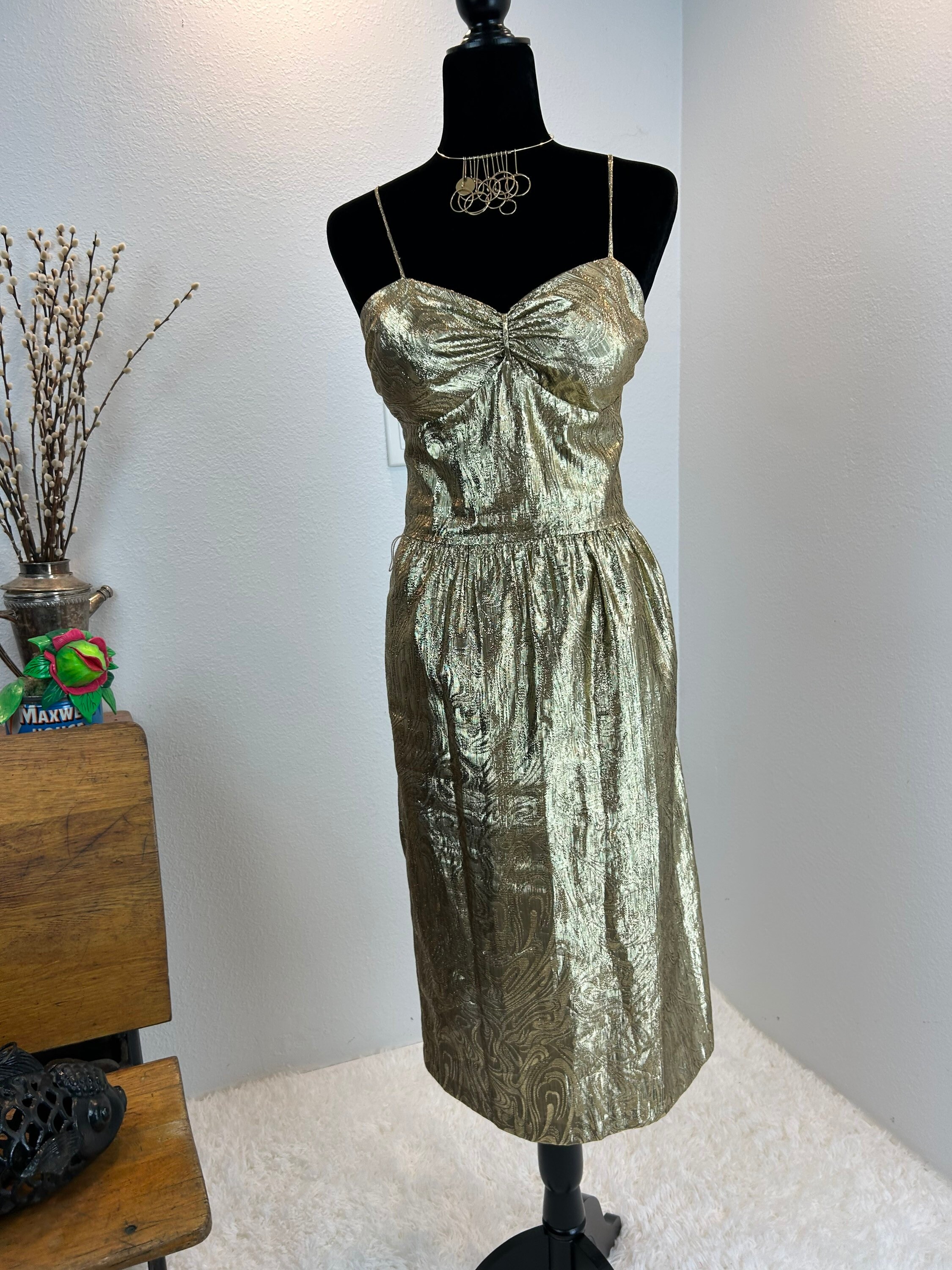 Vintage 1980s Gold Lam Dress - Spaghetti Strap Party Dress