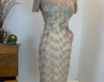 Vintage 1950s Lace Cocktail Dress, Beige Embroidered Overlay