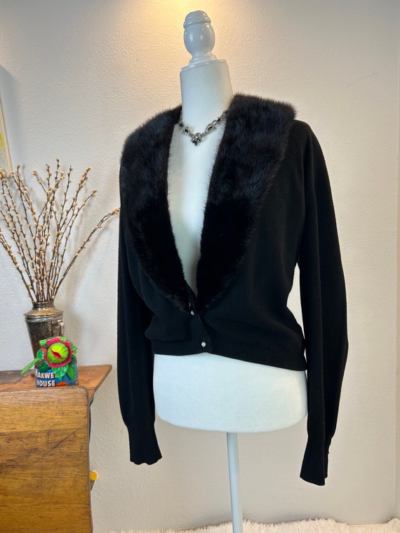 1950s  cashmere cardigan with fur / 1960s cashmere