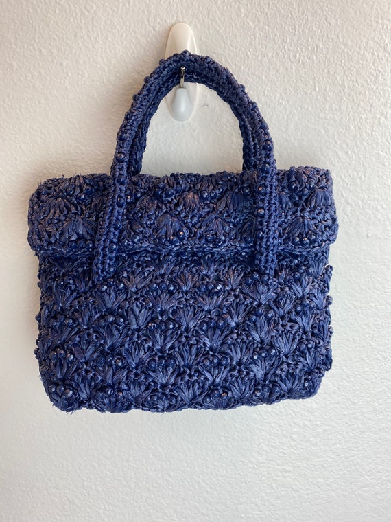 1960’s Raffia & Bead Purse / 60s Purse Navy Blue - image 8