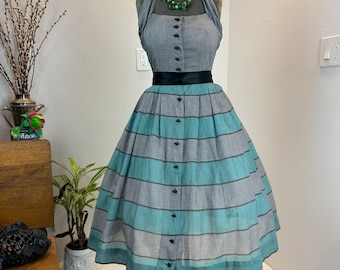 Vintage 1940s Gingham Halter Dress, Cotton, Full Skirt