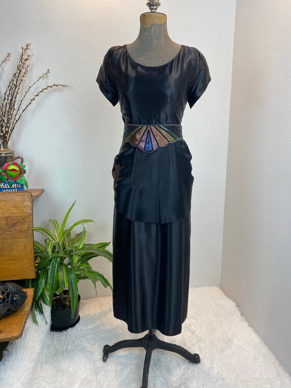 1940s Dress / 40s Dress / Black Liquid Satin with… - image 6