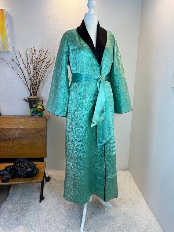 Vintage 1950s Quilted Satin Robe: Aqua & Black, Made in Hong Kong