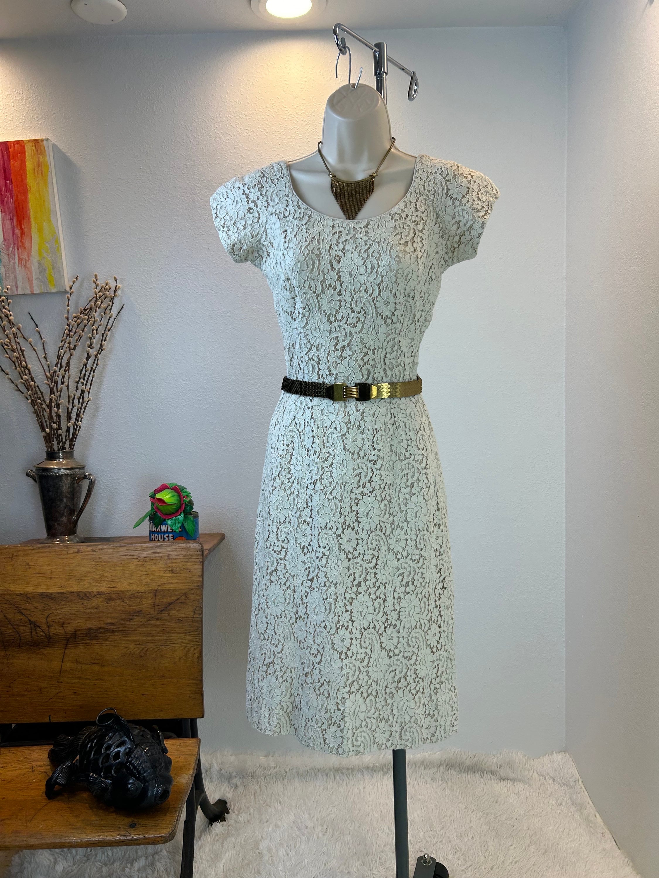 1950s Cream Lace Dress, Figure Hugging Cocktail Party Dress