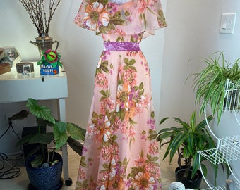 Vintage 70er Jahre Floral Maxi Kleid, Pfirsich Orange Rosa