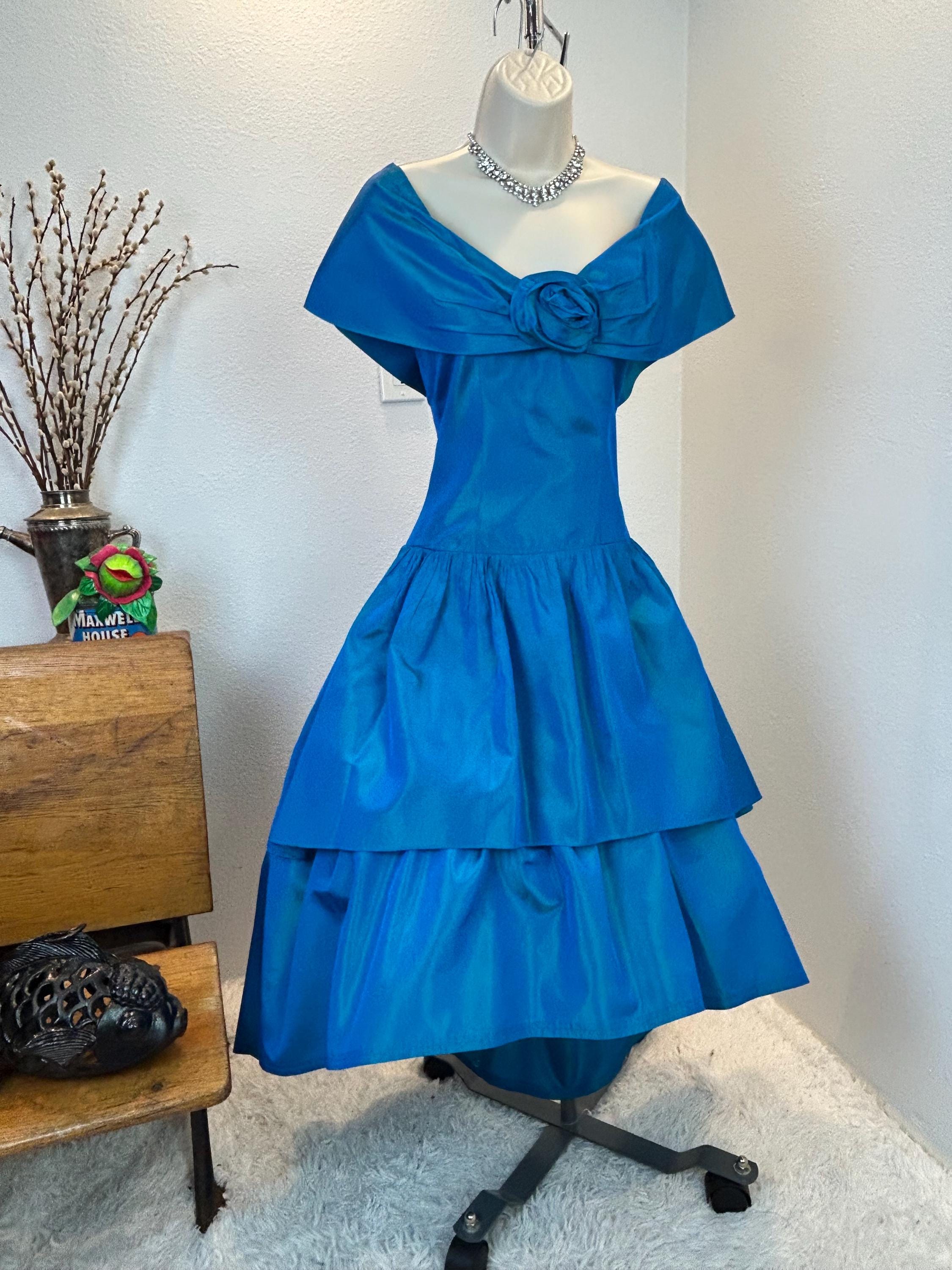 Vintage 80s Blue Taffeta Party Dress: Off-shoulder Rosette Gown - Etsy