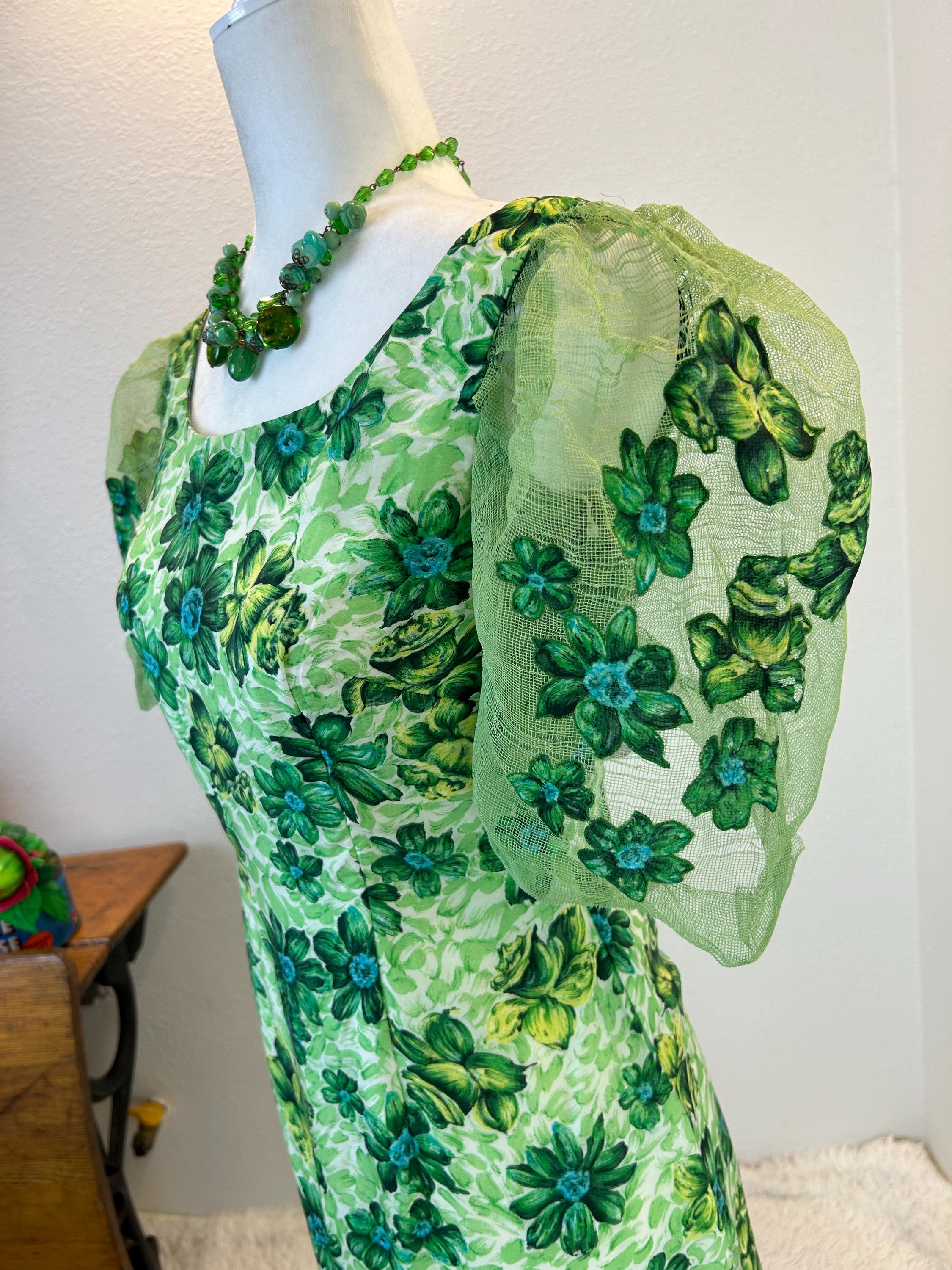 1950s Hawaiian Dress, Floral Applique Netting Sleeves - Etsy