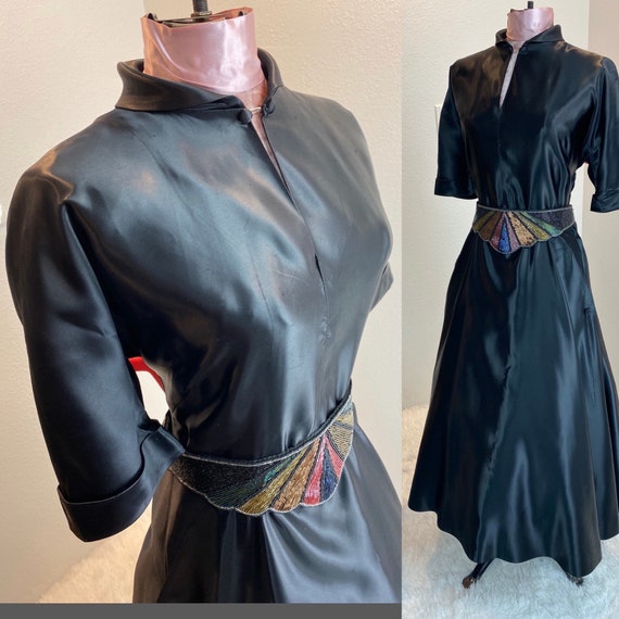 Vintage 1940/1950 Liquid Black Satin Dress - image 1