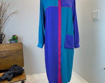 Vestido camisero vintage de los años 80, talla grande, color fucsia, morado y verde azulado, talla 16