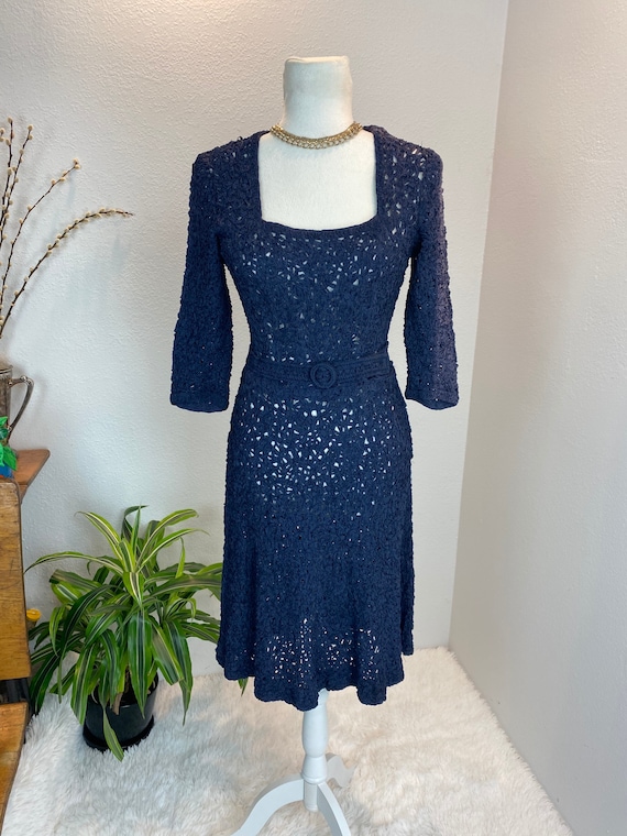 1940s Knit Ribbon Dress With Belt, Vintage Stretchy Crochet - Etsy