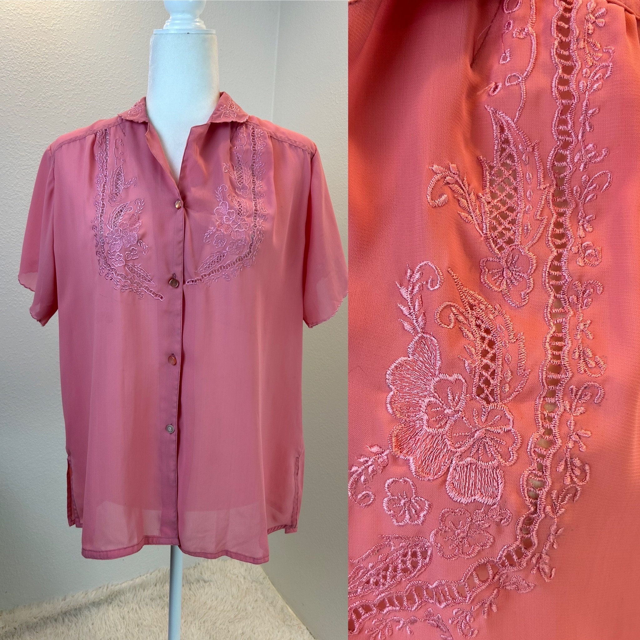 1970年代のヴィンテージ、刺繍のディテールが入ったシアーピンクの 