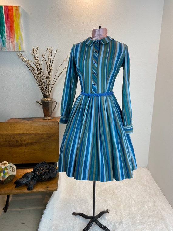 blue and green striped dress Blue with Green Stripe Puff Sleeve Maxi Dress Scamp & Dude