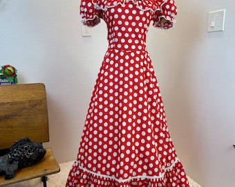 Vintage 1940s Polka Dot Dress, Puff Sleeves, Ruffle Hem, 31.5" Waist