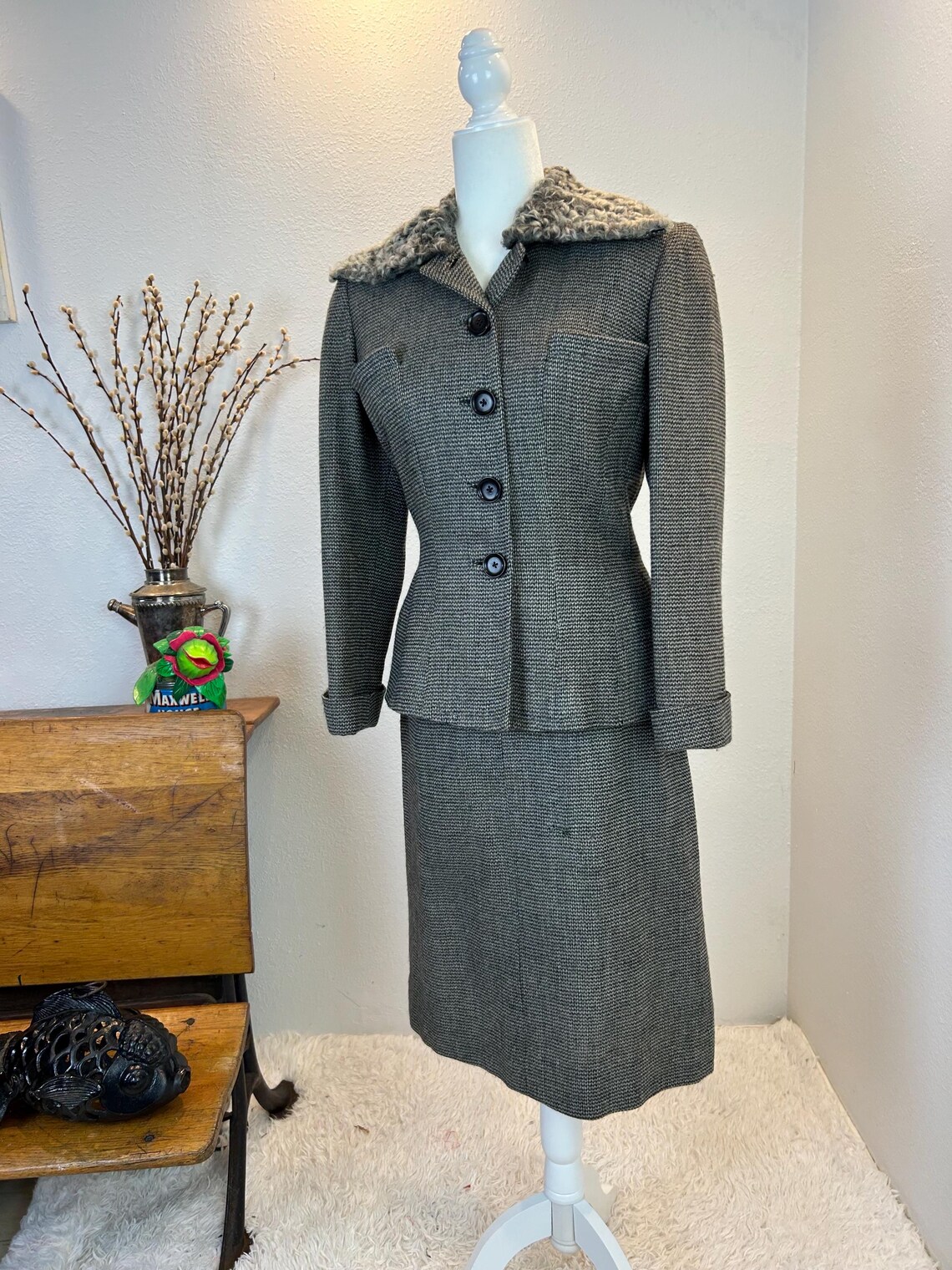 1940s Henry Rosenfeld Suit With Lamb Fur Collar, Vintage Grey Woven ...