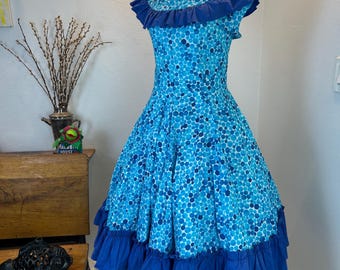 1950s Polka Dot Fit & Flare Dress, Watercolor Print, XL