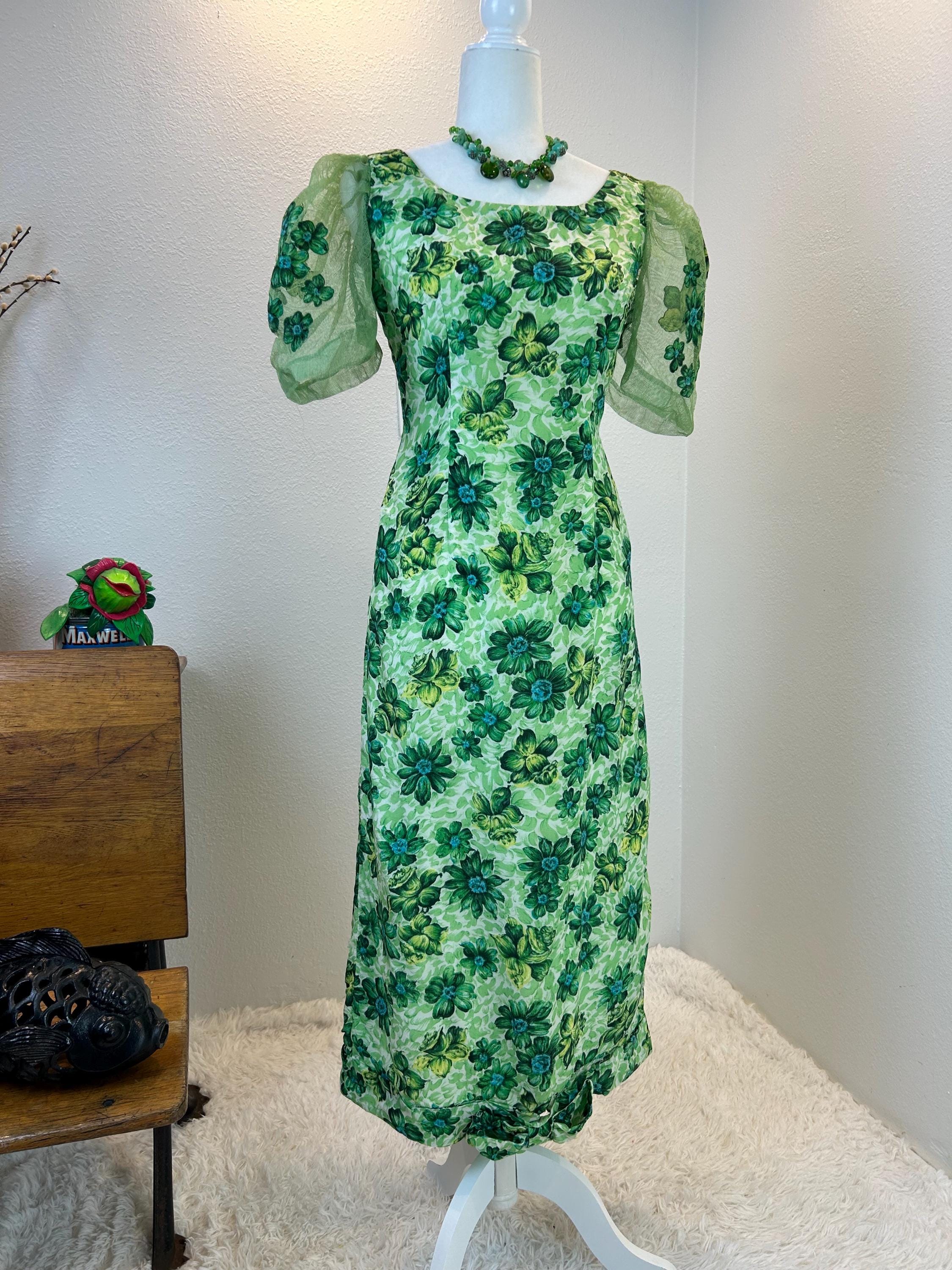 50s vintage Hawaiiドレス緑色 花柄 1950s Hawaiian Dress, Floral Applique Netting Sleeves - Etsy