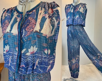 1970s metallic threaded cotton gauze Indian jumpsuit  / 1970s Harem Pants / 1970s Indian gauze Harem pants /  vintage jumpsuit / romper