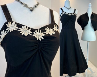 Late 1940s early 1950’s Black Cotton Dress and Bolero / 1950s dress set / 50s dress set  / Rhinestone Flowers and bolero