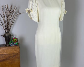 Vintage 80s Puffed Sleeve Dress: Rhinestone Pearl Wedding Gown